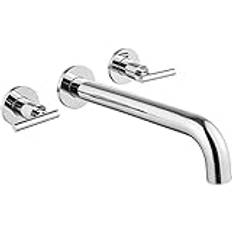 Polish Chrome Bathtub Facuet Wall Mount Tub Filler Two Level Handles Long Spout Reach Solid Brass High Flow 3 Hole Bathroom Tub Faucet with Rough in Valve included Roman Tub Faucet