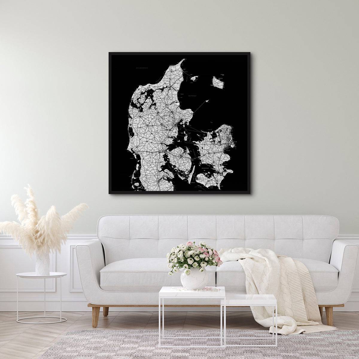 Danmarkskort til Nåle i Sort Ramme - Black - Plakat - Str: 120 x 120 Cm