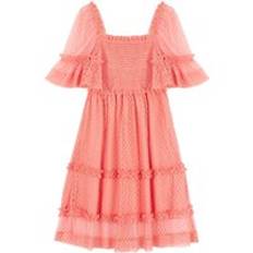 Joanie Clothing Jini Square Neck Polka Dot Mesh Dress - Pink - UK 12 (Pink)