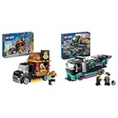 LEGO City Burger-Truck & City Autotransporter mit Rennwagen, LKW-Spielzeug mit Verstellbarer Laderampe und Renn-Auto, Bauset mit 2 Minifiguren, Rennfahrer und LKW-Fahrer, Kinder ab 6 Jahren 60406