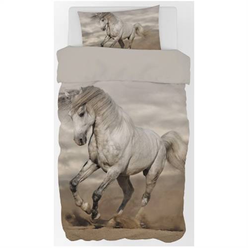 Sengetøj 150x210 cm - Stor hvid hest - 2 i 1 design - 100% bomuld.