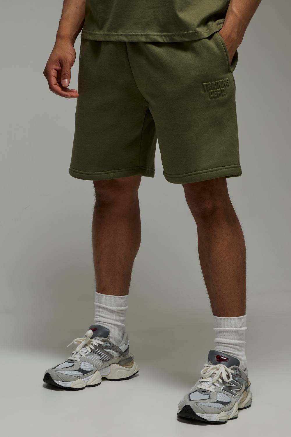 boohooMAN Men Training Dept Oversized 7inch Embossed Short in Khaki | Size: X-Small