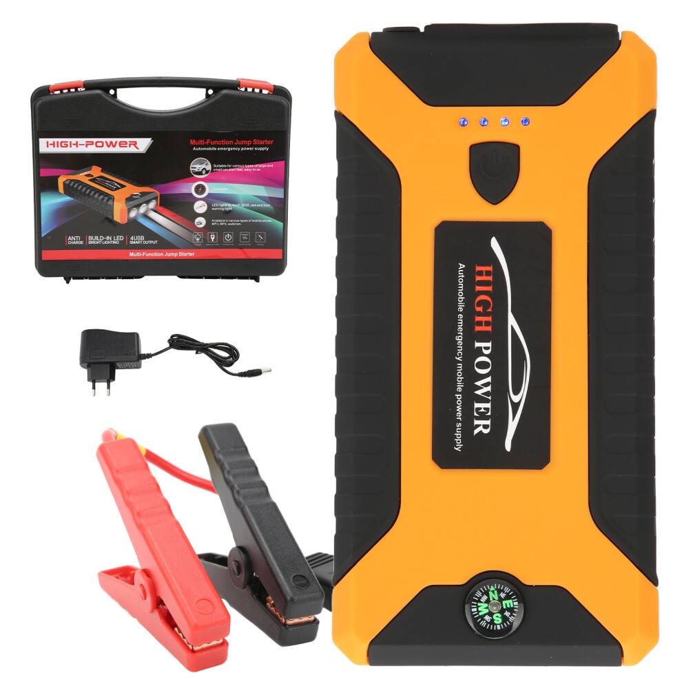 Powerbank med jumpstarter med trådløs opladningsteknologi og multifunktionel LED-lommelygte til rejsende og eventyrere