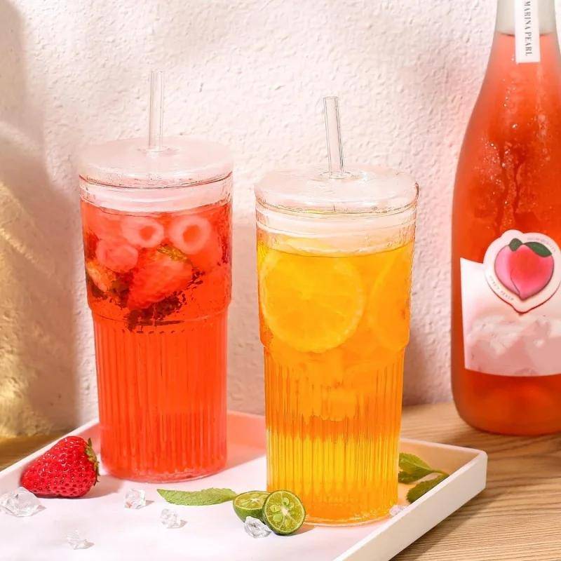 600ML Glasmugg Mjölk Kaffekopp med Lock och Sugrör Transparent Rand Vattenmugg Dricksglas Juice Te Kopp Dryckesvaror rosa