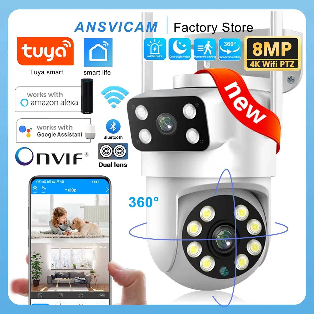 ANSVICAM Tuya Outdoor Wireless Security IP Camera 4K 8MP HD Dual Lens Wifi PTZ Camera Auto Tracking Street Surveillance Camera - 8MP NO SD Card / EU Plug