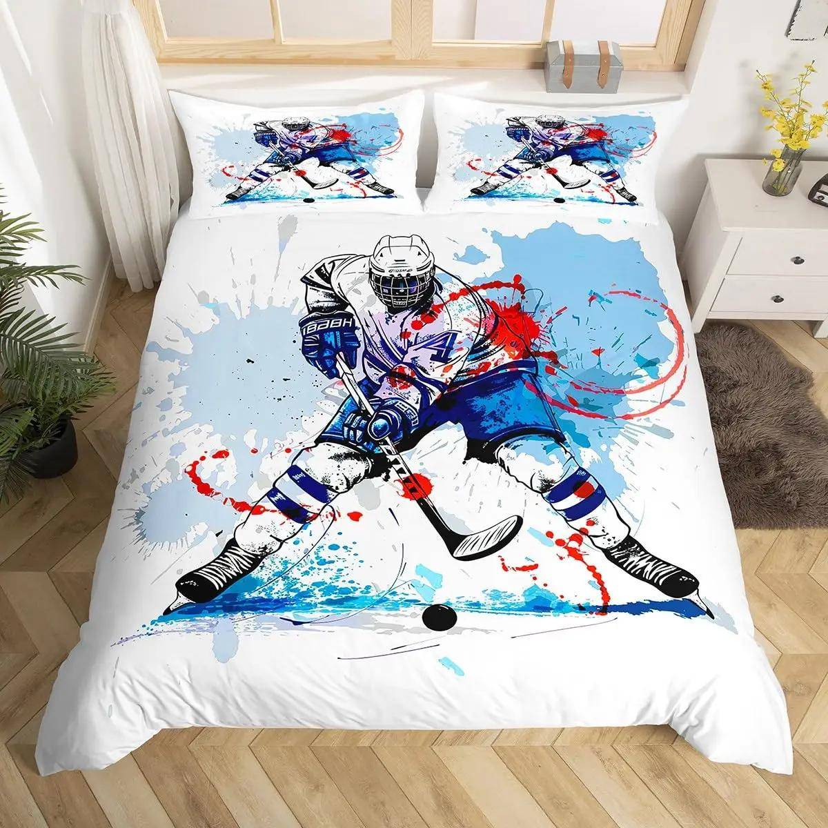 Graffiti Ishockey Örngott Vinter Sport Sängkläder Set Barn Pojkar Ishockeyspelare Täcktäck Cover Akvarell Sport Quilt Cover