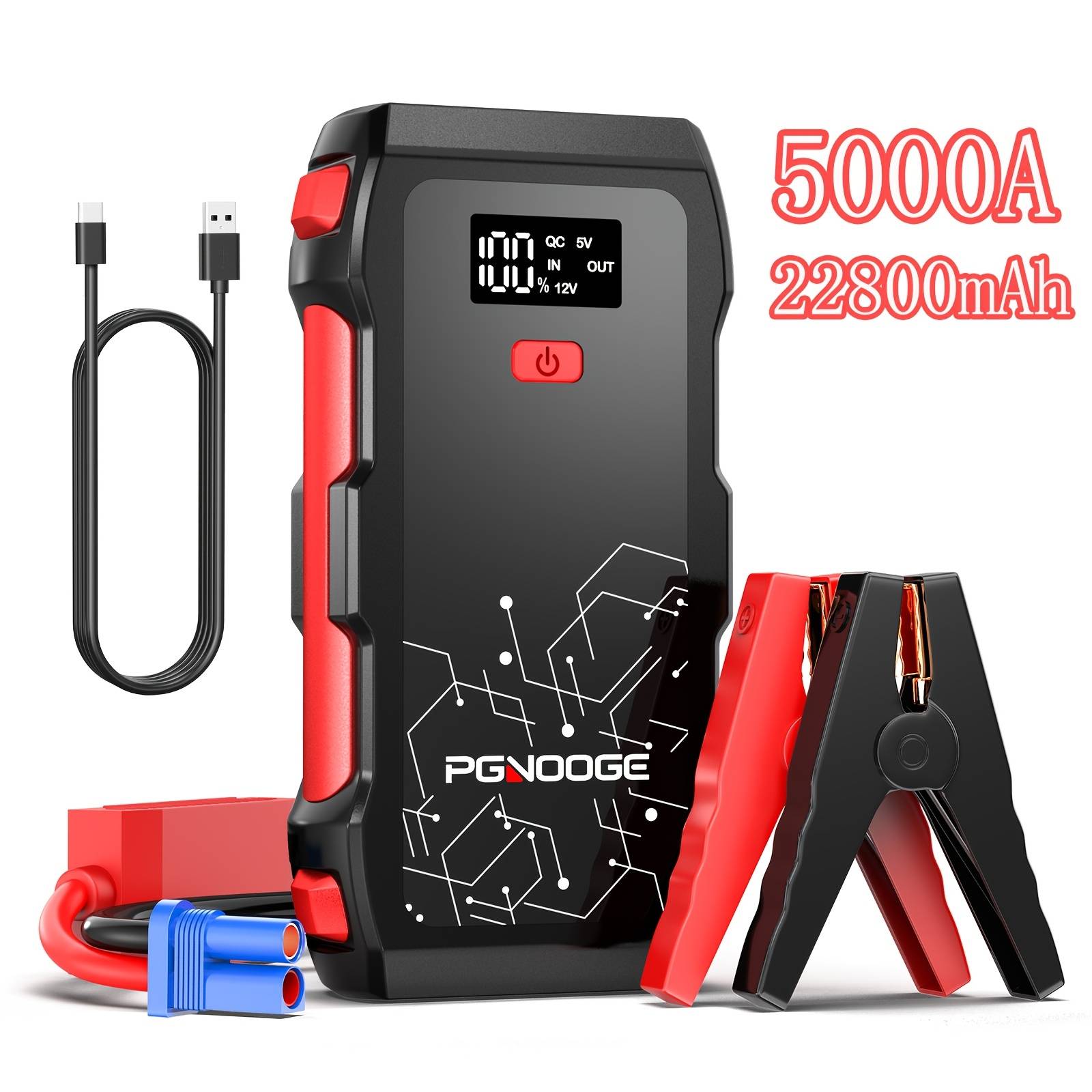 Pgnooge 5000a Car Jump Starter, 22800mah Battery Booster (up To 8.5l Gas And 6.5l Engines), 12v Auto Emergency Jumper Starter With Flashlight, Led Display, Usb Fast Charging