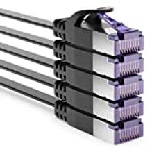 deleyCON 5x 0,5m Platt CAT7 Nätverkskabel (CAT 7 med 10 Gbit/s) Gigabit LAN - RJ45 Ethernet Kort Patchkabel Platt - för Internet Switch Router Modem Patchpanel - Svart