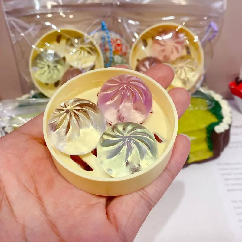 3Pcs Mini Dumplings with Steamer Bun Squeezable Toys Set Soft Stress Relief Crystal Squishy Fidget Sensory Toy Party Favors Gift