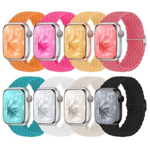 8 Stück Geflochtenes Armband Kompatibel mit Apple Watch 38mm 40mm 41mm 42mm 44mm 45mm 46mm, Elastisches Nylon Stoff Band für Apple Watch 11 10 9 SE 8 7 6 5 4 3 2 1