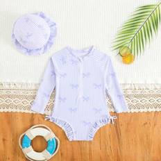 Babyflicka Ny Hel Baddräkt Med Långärmad Dragkedja Med Sött Rosetttryck, Med Mössa - Mauve Lila (6-9M,9-12M,12-18M,18-24M,2-3Y)