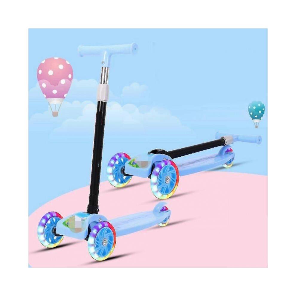 Folding Children Scooter 3 Flashing Wheels Glider Push Adjustable Height Wide Deck for 28 Years Boys Girls Blue