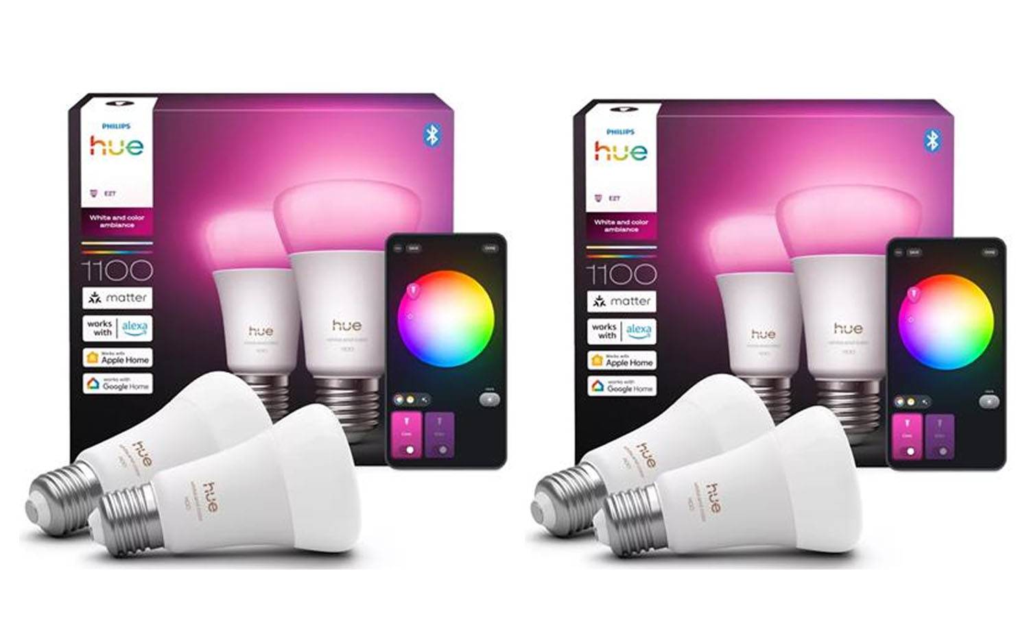 Philips Hue - E27 Color A60 Bulbs 4-Pack (2x2) – 1100lm White & Color Ambiance - Bundle - Fri fragt og klar til levering - Prismatch