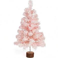 Konstgjord julgran i rosa på bordsskiva, minirosa julgran med flockande snöfrost och träbas för veranda, soffbord, mittpunkt, hemmakontor, juldekorati - Multifärgad (60 cm,45 cm,75 cm)