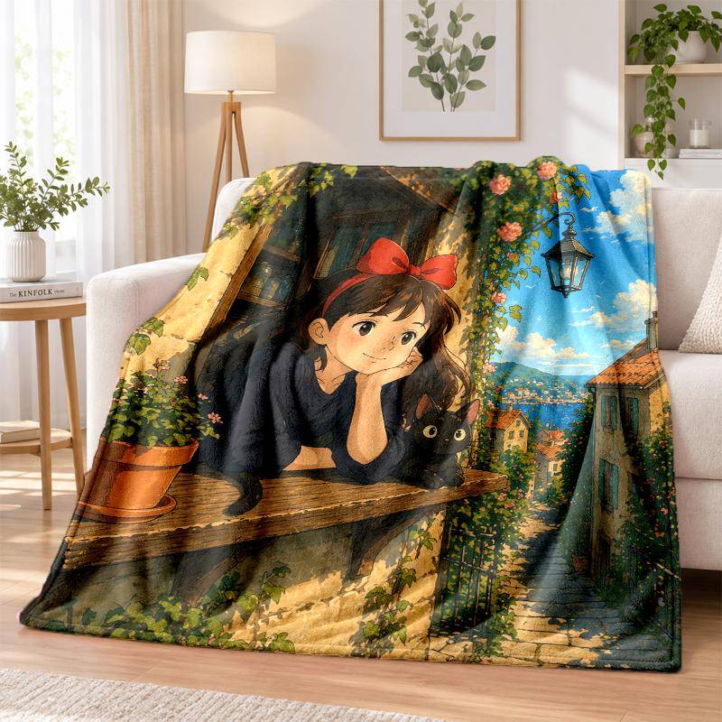 Kiki's Delivery Service Jiji Flannel Throw Blanket Soft Warm Cozy For Sofa Bed Indoor Home Bedroom Use