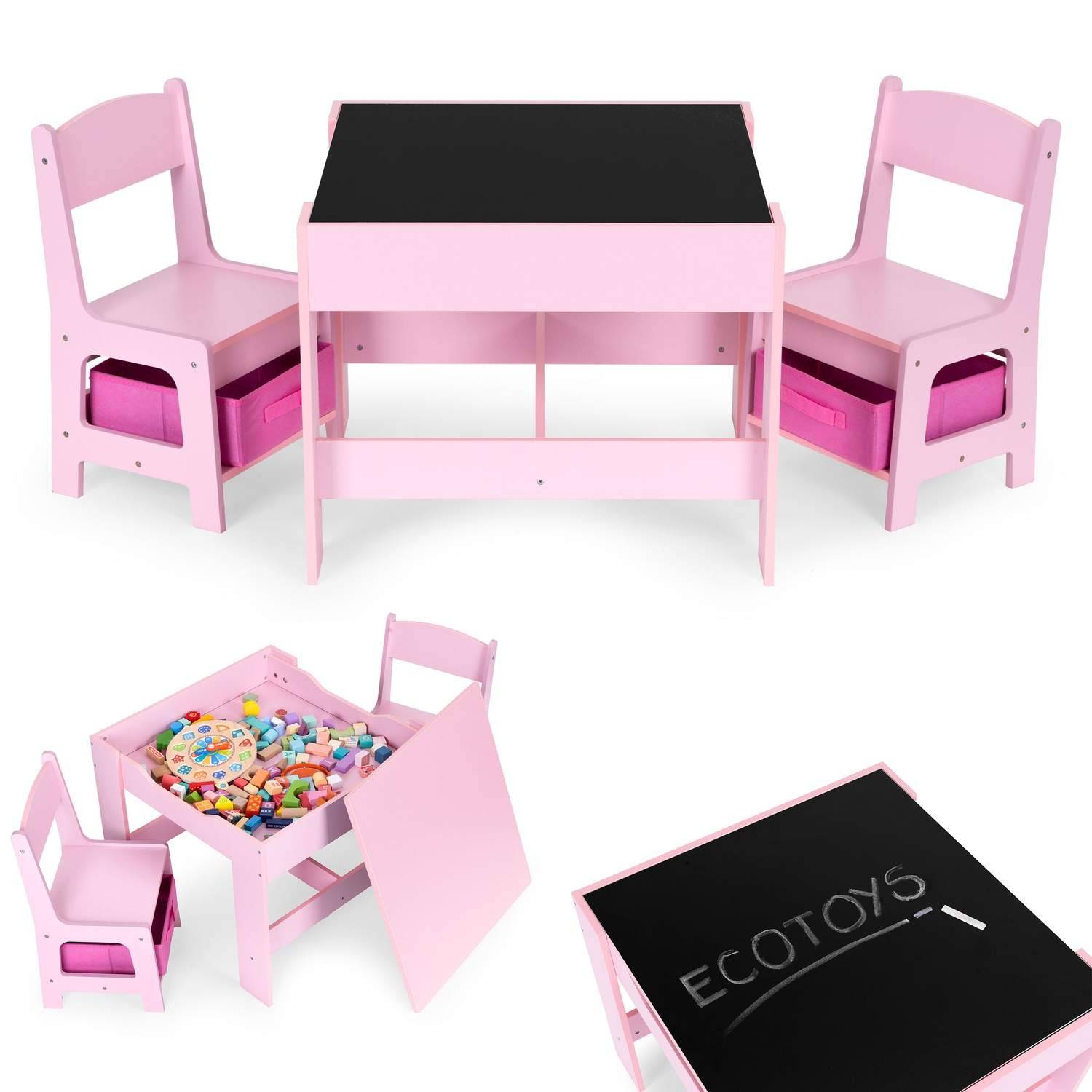 Barnmöbelset – bord + 2 stolar med svarta tavlan Rosa ECOTOYS