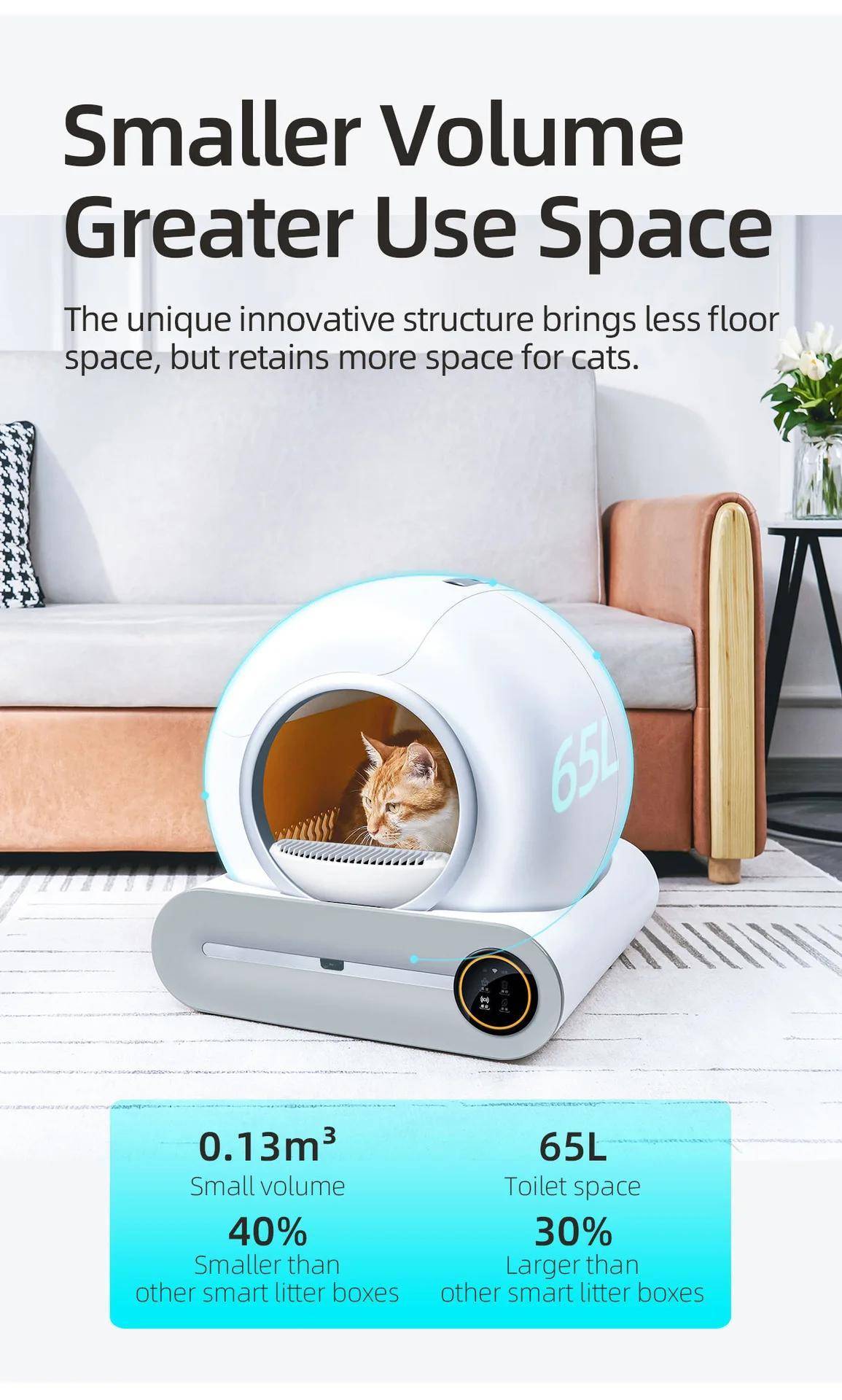 T1 intelligent automatisk självrengörande kattlåda Tonepee 65L intelligent husdjurstoalett med App intelligent styrning vit