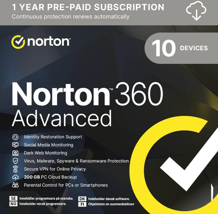 Norton 360 Advanced 200GB 10 enheter 12 månader