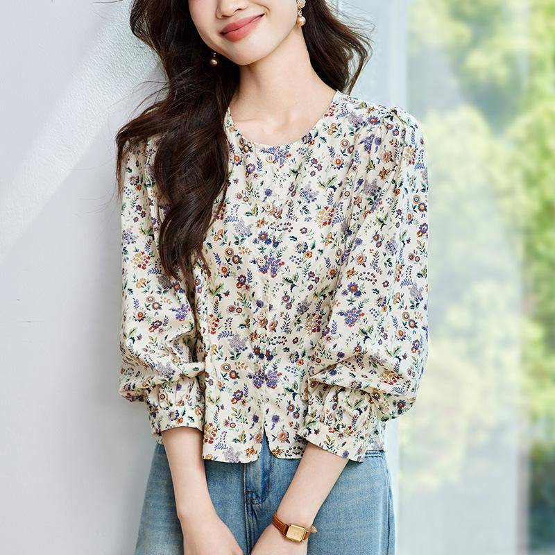 Floral Shirt Women's Long-sleeved Summer Thin Pastoral Top Loose Casual Crew Neck Shirt XXL
