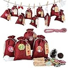 Adventskalender för fyllning stor (13 x 17 cm), julkalender jutesäckar gör-det-själv, 24 jutepåsar kedja för att fylla på själv, 2024 presentpåsar för barn och män röd