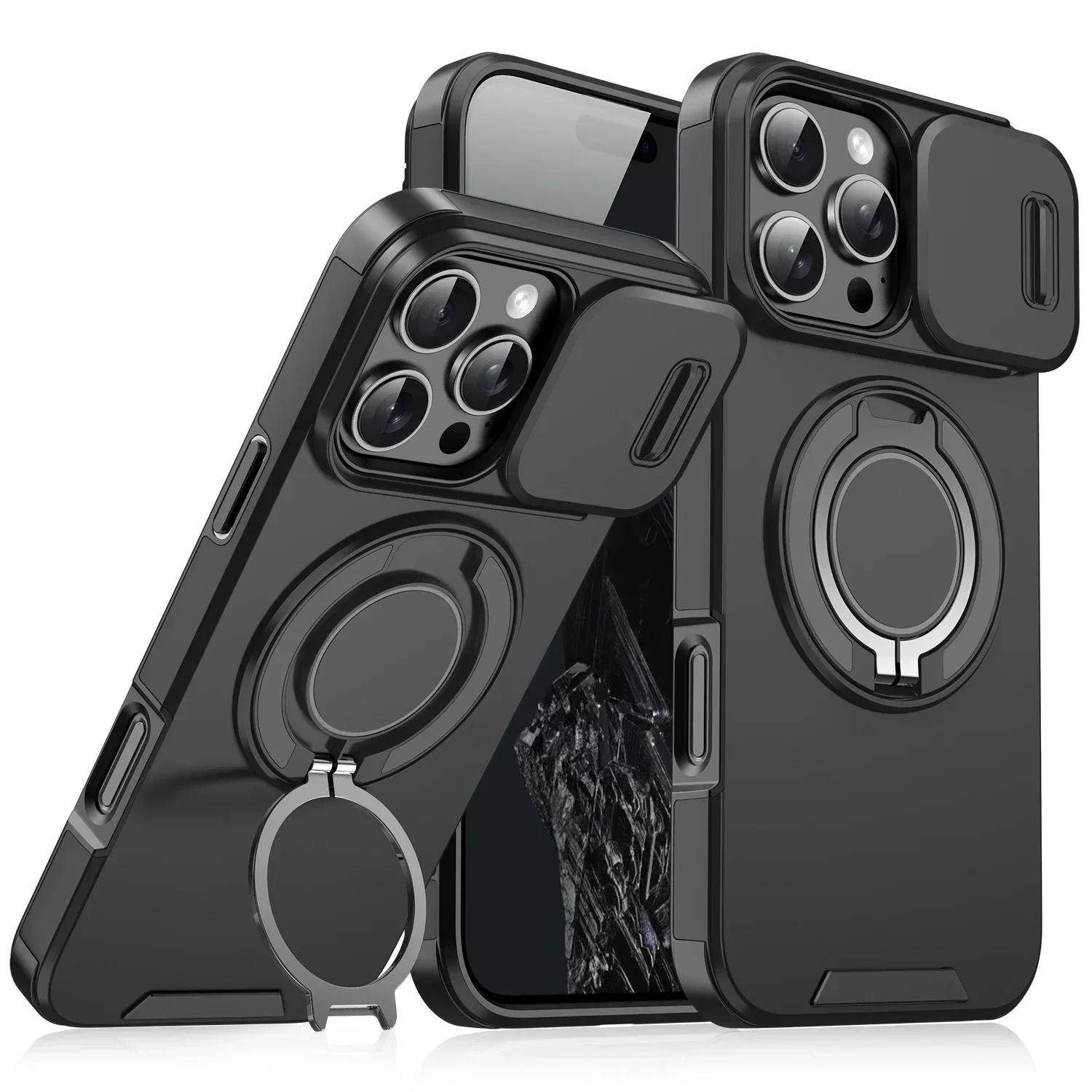 Lyxigt Kraftigt Robust Armor Magnetiskt Fäste Skal För iPhone 16 14 13 12 11 15 Pro Max Plus Skjutbart Kameraskydd PC-skydd