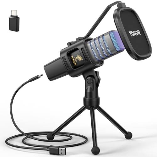 TONOR RGB USB-mikrofon riktad kondensator Dator-PC-mikrofon med stativ popfilter stötfäste för gaming, streaming, podcasting, YouTube, Twitch, kompatibel med laptop och stationär dator, TC30 med RGB