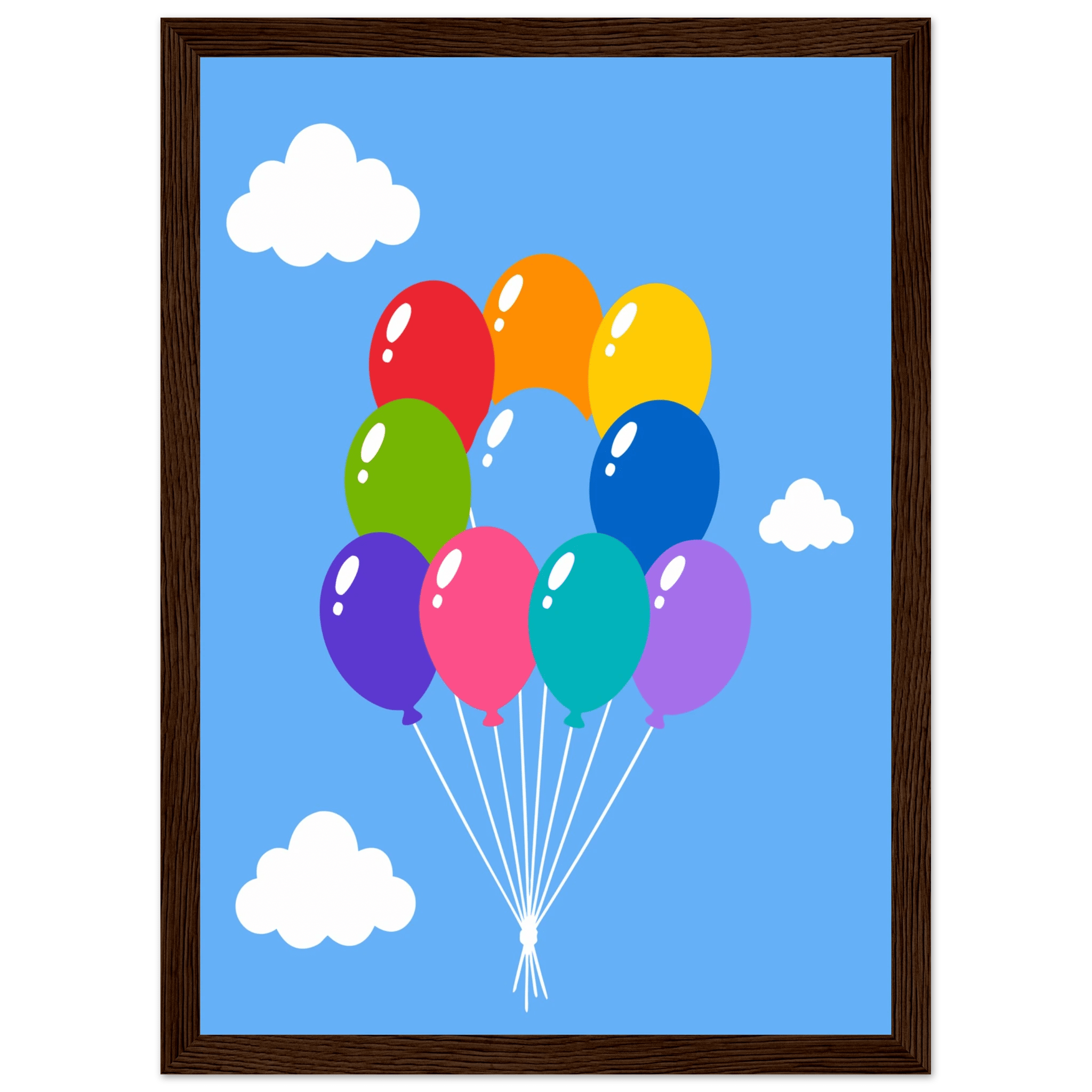 Färgglada ballonger poster-21x29.7 cm / 8x12" / Med ram / Mörkt trä