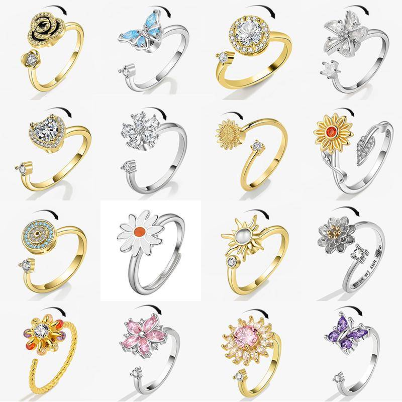 Lyxig Fjäril Solros Fidget Spinner Ring Ångest för Kvinnor Kristall Blomma Ångest Fingerringar Anti Stress Bröllops Smycken white
