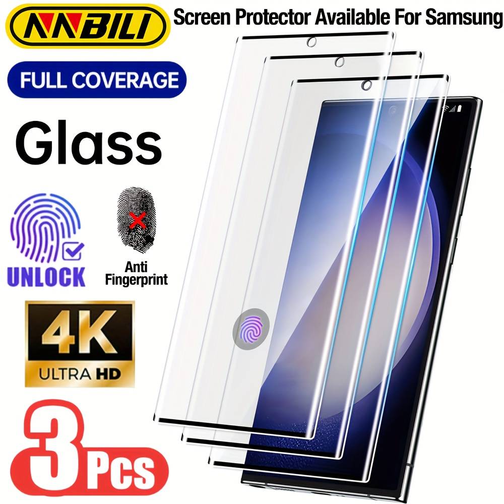 TEMU 3-pack Fingerprint Unlock Compatible Tempered Glass Screen Protector For For Galaxy S25 Ultra S20/s21/s22/s23/s24 Ultra S10/s8 9h Hardness Hd Tempered Glass Screen Protector, Scratch-resistant