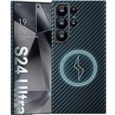 memumi Magnet Carbon Fiber-fodral för Galaxy S24 Ultra,[kompatibel med Mag-safe] slitstarkt kolfodral [100% aramidfiber] med fallskydd av militärklass för Galaxy S24 Ultra -Blue