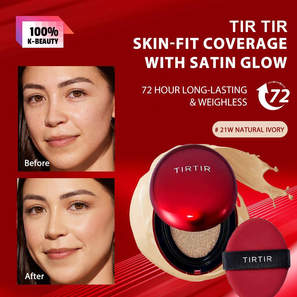 TIRTIR MASK FIT RED CUSHION 18g 17C/21W/21N/22N/23N/24W/29N, Flawless Coverage, Long Lasting Wear, Natural Finish, Korean Cosmetics, Korean Makeup