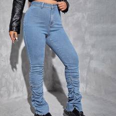Plus Mager Jeans Hög Midja Rynkad Staplad - Ljustvätt - 0XL,1XL,2XL,3XL,4XL