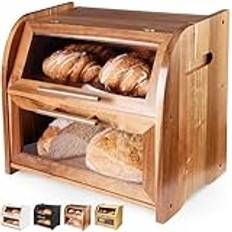 Arise Akacia brödlåda med ventilation, stor brödförvaringsbehållare, 2 hyllor och visningsfönster, brödbehållare i trä för horn, bröd, brödförvaring. 40 x 26 x 37 brödlåda – självmontering