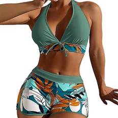 Dame Badetøj Bikini Sæt med Bladprint, Halterneck BH med Sløjfe, Højtaljet Shorts, Sommer Strandtøj (3XL Mørkegrøn)