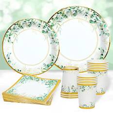 Gröna festtallrikar koppar och servetter set – 96 delar salviagröna papperstallrikar servetter och koppar babyshower tallrikar grönt guld servis för baby shower bröllop födelsedagsfest tillbehör