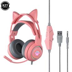 Cat Ear Glowing Gaming Headphones For Pc Computer Gaming Headsets With Microphone Noise Cancel Wired Usb 3.5mm For Ps4/xbox One rosa