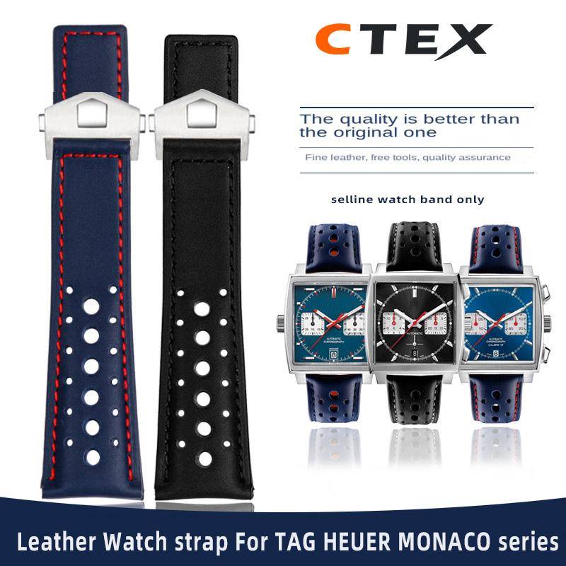 För TAG Heuer Monaco Armband CAW211M 211P CAW211R 211T andningsbart 22mm Äkta Läderband Herrvikspänne handledsrem