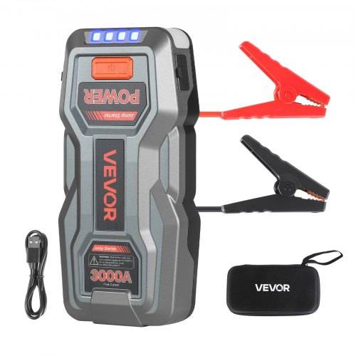 VEVOR Jumpstarter, 3000A Peak, Bil Jumperstarter Batteripakke, 12V Bærbar Lithium Batteri Booster, Jump Box Powerbank med 3 Modes Lommelygte og Jumperkabel, Til Op Til 9L Benzin/7L Dieselmotorer