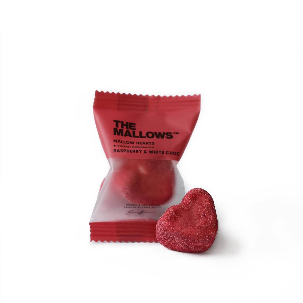 MALLOW HEARTS FLOWPACKS - MARSHMALLOWS WITH WHITE CHOCOLATE & RASPBERRY 6G 10 Pcs