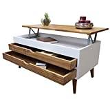 LoMasCasa Soffbord för vardagsrummet, uppfällbart, modell Luzia 5 med 2 st utdragbara lådor, färg vit, trä och valnöt, mått 100 x 50 x 47 cm