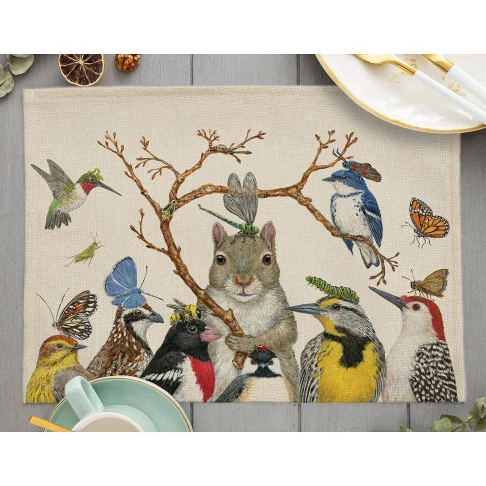Söt Djur Placemat Fågel Uggla Linne Matsalsbord Mattor Kanin Ekorre Underlägg Pad Skål Kaffekopp Matta Duk 45x32CM gray