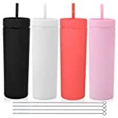 Volhoply 20oz Plast Skinny Tumblers 4 Pack, Dubbelvägg Tumbler med Lock Och Halm, 550 ML Återanvändbar Iskaffe Mugg, BPA-Fria Matt Akryl Vattenkoppar med Sugrör för Fest, DIY-Presenter