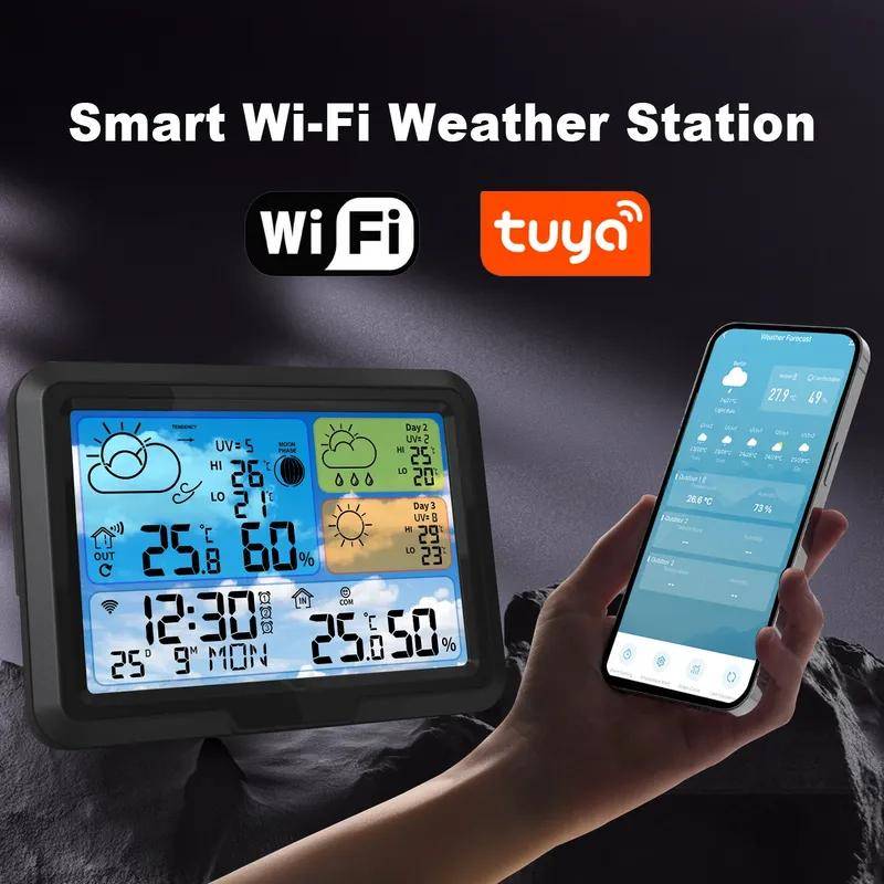 TUYA Smart WiFi väderstation 5,3 tums LCD Trådlös termometer Hygrometer Klocka Larm Stödjer 3 dagars UV-väderprognos Trend gray