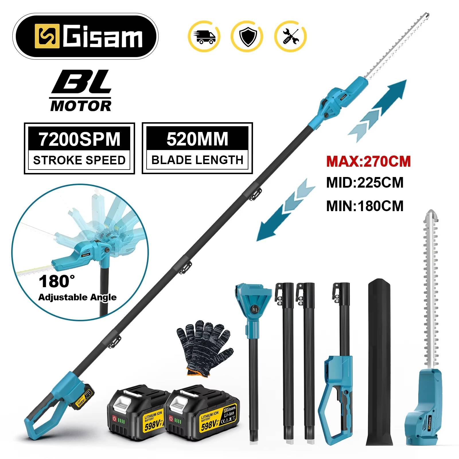 Gisam Electric High Branch Hedge Trimmer Brushless Cordless Telescopic Hedge Shear Garden Power Tools For Makita 18v Battery Pin