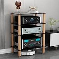 4 nivåer HiFi-rack medieförvaringsskåp med härdat glas hyllor och stötdämpande massiva träben svart ljudhylla skåp