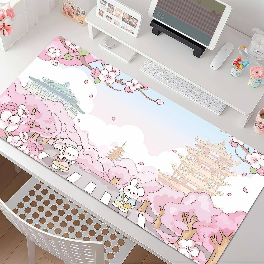 Cherry Blossom Cartoon Bunny Mouse Pad Anti Slip Rubber Edge Locked Thickened Laptop Gaming Desk Mat white