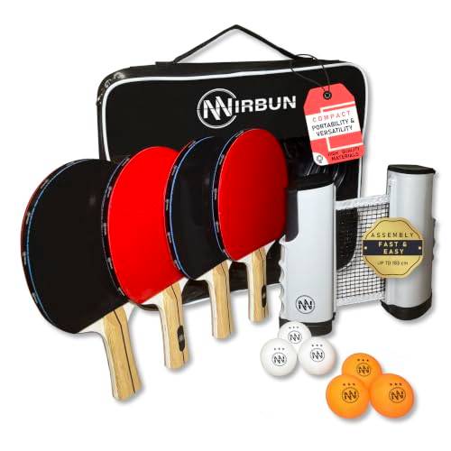 NIRBUN Bordtennisset med utdragbart nät - Professionella bordtennisracket - 3-stjärniga bordtennisbollar - Justerbart bordspingisnät - Bärbart pingisset (4 spelare set)