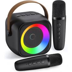 Mini Karaoke Maskine, Bærbar Bluetooth Karaoke Højttaler med 2 Trådløse Mikrofoner og Festlys