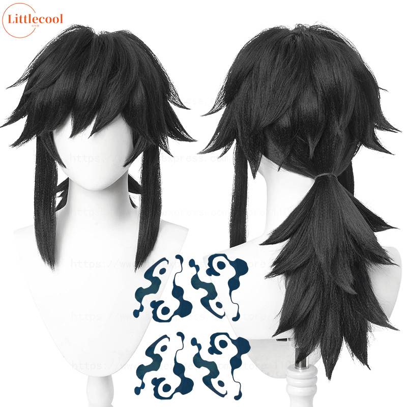 High Quality Anime Tomioka Giyuu Cosplay Wig 40cm Black Ponytail Heat Resistant Synthetic Hair Party Halloween Wigs + Wig Cap