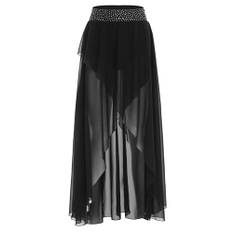 ranrann Danskjol dam strass elastisk midja asymmetrisk balettkjol chiffongshow tävling, svart, S